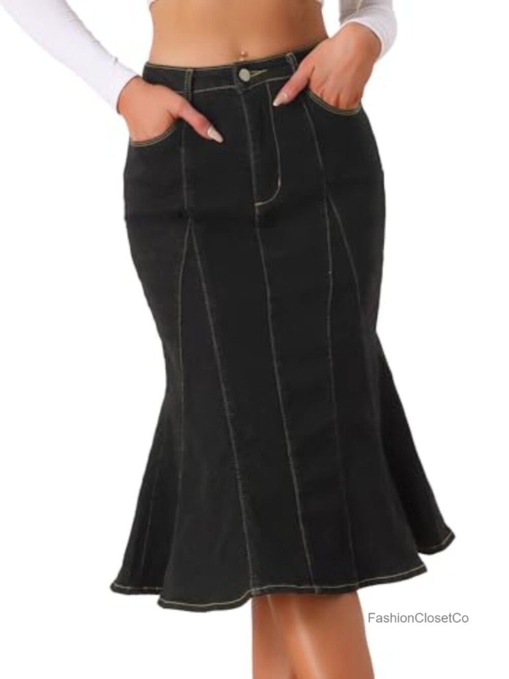 NWT Allegra K High Waist Fishtail Midi Denim Skirt Seamed Hem
